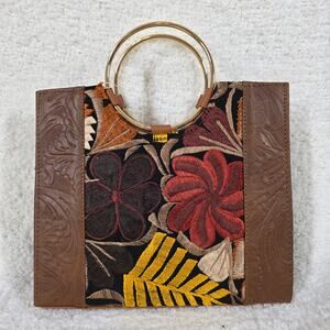 Chiapas Loom Mexican Brown Tooled Leather Handbag with Gold Tone Ring Handles
